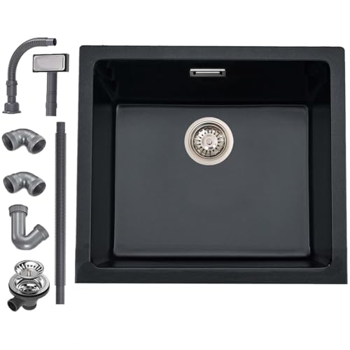 iAnomla Évier Cuisine en Quartz Noir, 45 X 45 cm, Évier Simple en Composite Encastré/Sous Plan, Évier Commercial Avec Trop-Plein, Kit de Déchets, Adapté Aux Postes...
