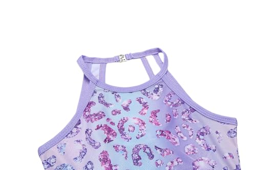 Zaclotre Gymnastics Leotards for Girls Sparkly Sleeveless Dance Unitards Gymnastics Outfits with Shorts Purple Leopard 11-12Y - Thumbnail 2