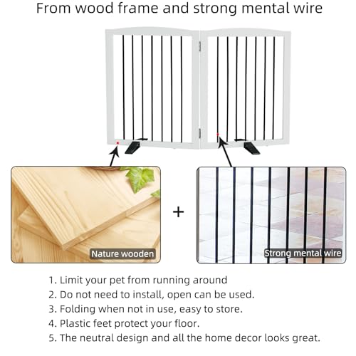 Freestanding-Panel-Dog-Gate-for-Indoor-DoorwaysStairs-or-HallwaysFoldable-Wooden-White-Dog-Gates-for-HousePet-Gate-for-DogsDog-Fence-Puppy-GateSupport-Feet-Included-32-Height-2-Panels