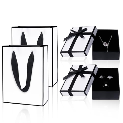 2 Stück Schmuck Geschenkbox, 9× 7× 3cm Geschenkbox Klein mit Geschenktüte für Ring Ohrring, Halskette, Armband, Ohrring Halskette Geschenkschachtel(Weiß)
