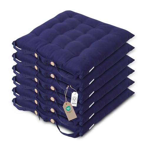 Homescapes 6er Set Stuhlkissen 40x40 cm dunkelblau – Sitzkissen Outdoor/Indoor mit Baumwollbezug, Sitzpolster waschbar und Oeko-TEX-Zertifiziert für Esszimmer-, Küchen- & Gartenstühle
