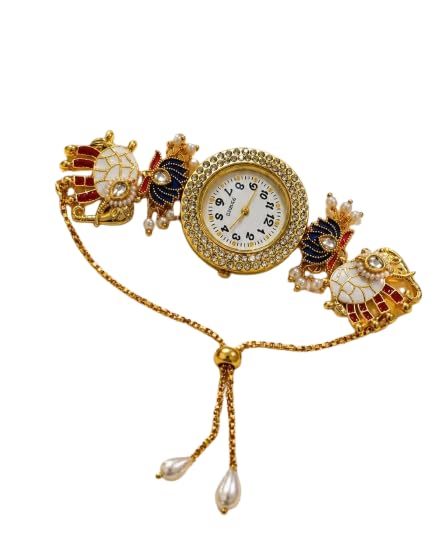 INAAYAT Traditional Designer Bracelet Watch for Women | Round Analog Wrist Watch with Stone Studded Dial Elephant Charms Pearl Detailing and Adjustable Chain-image-35