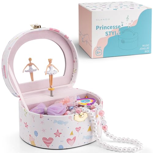 Vlando Musical Jewelry Box for Girls,Small Ballerina Music Box with mirror for Kids,Girls Jewelry Box,Birthday Childrens Gifts,Candy Pattern