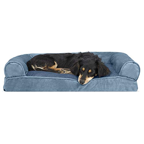 Furhaven Pet Dog Bed - Faux Fur and Velvet Pillow Cushion Traditional Sofa-Style Living Room Couch Pet Bed with Removable Cover for Dogs and Cats, Harbor Blue, Medium
