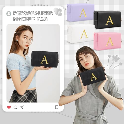 Personalized Gift Initial Makeup Bag,Preppy Gold Embroidered Letter Cosmetic Bag Stocking Stuffers for Teen Girls,Small Travel Toiletry Bag,Custom Christmas Birthday Gift for Women Mom Kids(Black-A)4