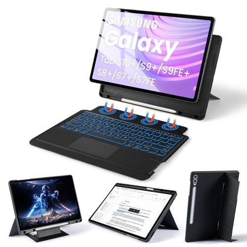 Trackpad Keyboard Case for Samsung Galaxy 12.4 inch S10 Plus/S9 FE+/S9+/S8+ 160 Adjustable Case with Keyboard for 12.4 S7 FE/S7 Plus Rotatable-Detachable Keyboard Portrait/Landscape Black