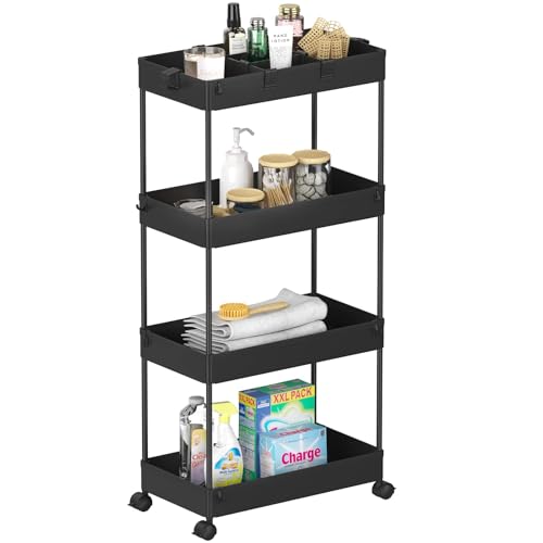 Image of Multipurpose 4-Tier Plastic Storage Rack with Wheels - Slim Organizer Shelf for Kitchen, Bathroom, Office & Home Use (Black)