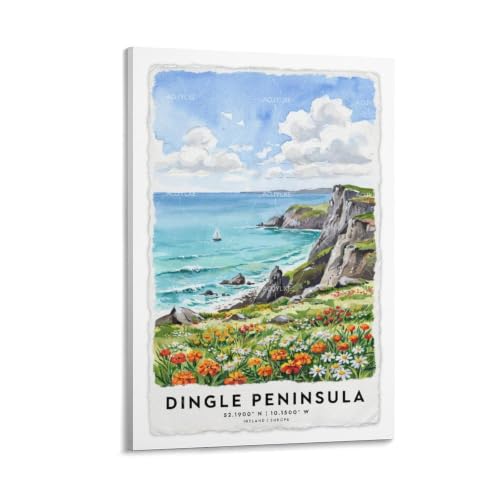 Impression Dingle Peninsula poster aquarelle vintage 50x75cm - Peinture paysage urbain panoramique