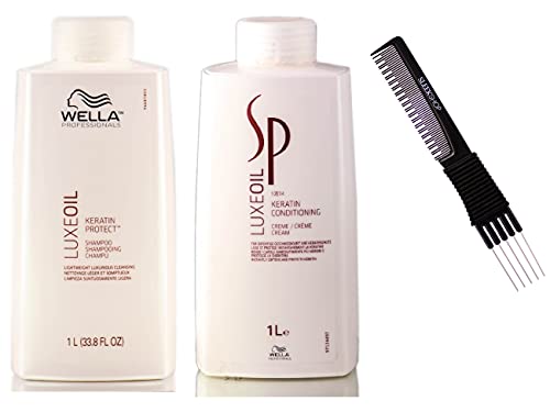 urb Lux SP WeIIa LUXE OIL Keratin Protect Shampooo & Creme Conditioning Conditioner DUO SET (includes a Sleek Teasing Comb) Luxeoil Cream Mask Masque (Shampoo (33 oz) + Conditioner (32 oz))
