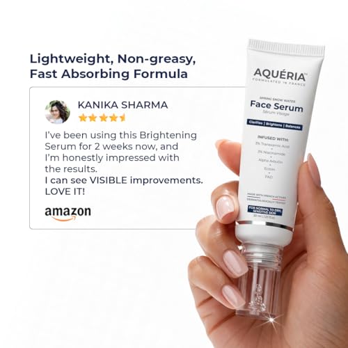 Image of Aqueria Brightening Multi Active French Serum for Glowing Skin | 3% Niacinamide, 2% Alpha Arbutin | Fades Dark Spots, Targets Pigmentation & Dryness | Reduces Dullness to Make Skin More Even-Toned | Daily Use Serum | For All Skin Types | Infused with French Waters & French Actives | Dermatologist Tested | Lightweight, Non-Comedogenic | 15ml