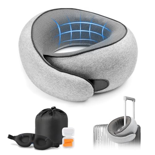 Purroch Travel Neck Pillow with 100% Pure Memory Foam, G-Shape, Includes Eye Mask & Ear Plugs, Ergonomic Design for Airplane, Car & Office, etc, Beige Gray