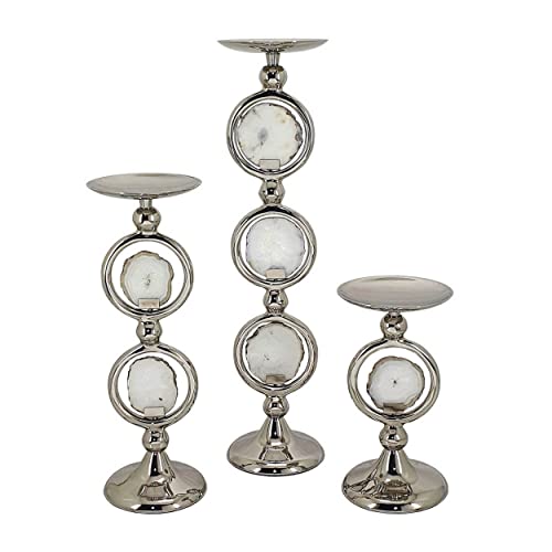 Benjara Set 22, 16, 10 Inch Pillar Candle Set of 3, Agate Stone, Metal Frame, Silver and White