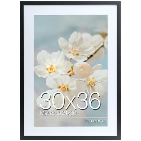 Frame Amo 30x36 Black Poster Frame with 23.5x29.5 White Mat Opening for 24x30 Image, 1.25 inch Wide and 1 inch Deep Border, Acrylic Front Cover