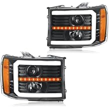 LED DRL Headlight Assembly, Fit 07-13 GMC Sierra 1500/2007-2014 GMC Sierra 2500 3500Does NOT Fit 2007 Classic StylesProjector Headlamp Pair of Left & Right Side Black Housing Amber Reflector