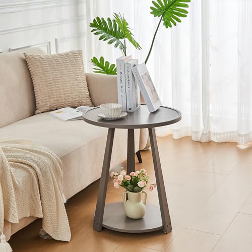 Image of Uniclinens Wood Round End Table - Small Round Side Table with Lower Shelf for Living Room Sofa Couch, Bedroom Wooden Nightstand, Gray