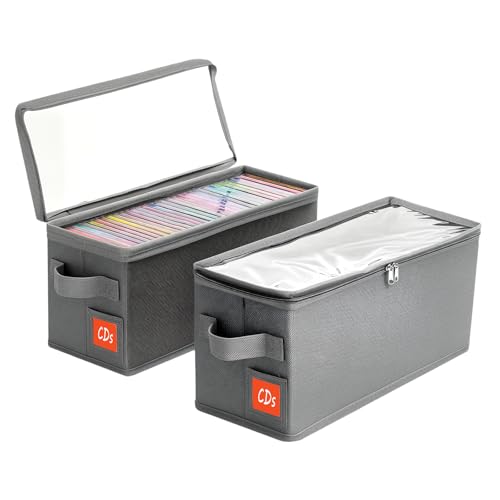 yoyobubu Stackable CD Holder & Storage Case - CD Storage Box Organizer with Lid & Handle - Dustproof CD Container with Clear PVC Top - 2Pack (Gray)