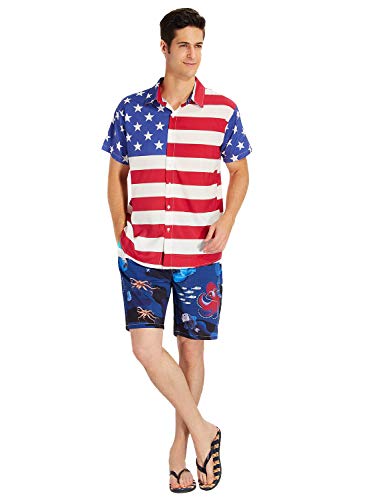 uideazone Men's American Flag Button Down Shirt Patriotic USA Red White and Blue Hawaiian Shirt