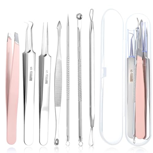 Lot de 7 outils de retrait de points noirs – Pince à épiler pour poils incarnés, tire-comédons, boutons et boutons (rose)