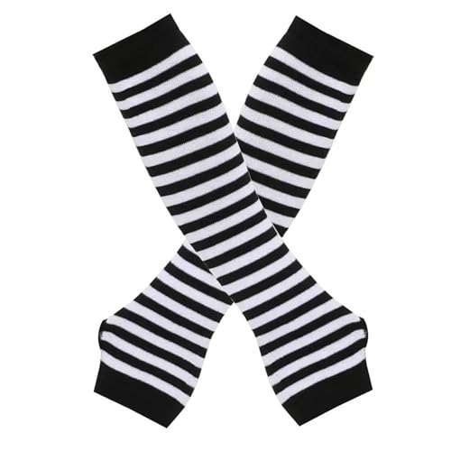 Millennials In Motion Striped Arm Warmers Goth Emo Fingerless Gloves Scene Long Elbow Length Sleeves Y2K Alt Knitted Punk Scenecore Cosplay Costume for Women Girls (Black & White)