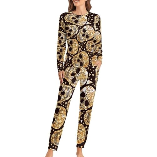 Pyjama femme manches longues crânes d'or contre le froid nocturne en hiver