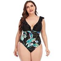 Plus Size Black One Piece Swimsuits Deep V Neck - 5XL