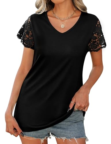 Desol Womens Summer Lace Tops Trendy 2025 Short Sleeve Tshirts Shirts Business Casual V Neck Blouses Summer Clothes2
