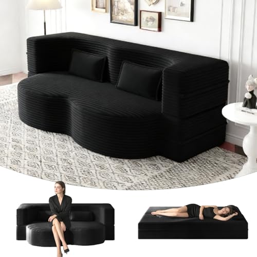 78' Full Size Convertible Futon Sofa Bed, Plush Corduroy Folding Sleeper Sofa Bed with Pillow, Foam...