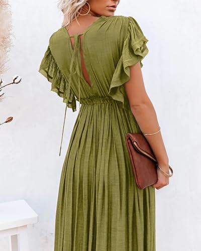 Image of R.Vivimos Maxi Dresses for Women 2026 Summer Short Sleeve V Neck Drawstring Tie Boho Loose Flowy Long Dresses with Pockets