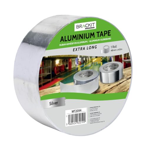 Brackit EXTRA LANG; Aluminiumband Alufolie 60m x 48mm Aluband Alu-Klebeband selbstklebend hitzebeständig leitfähig Aluminiumband Rolle Klebefolie Reparaturband zum Abdichten und Dämmen Isolierband