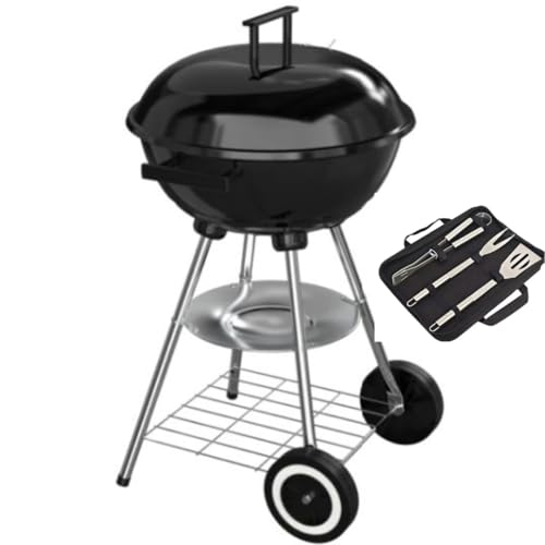 Pack Barbecue Charbon à bois Boule Livona + Set 3 Ustensiles en Inox – Idéal Jardin & Camping