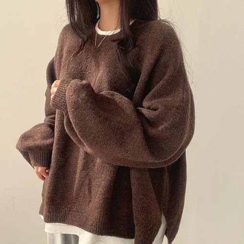 Women's Solid Knitting Split Hem Crewneck Jumper,Women's Long Sleeve Pullover Sweater Fall Casual Soft Ribbed Knit3