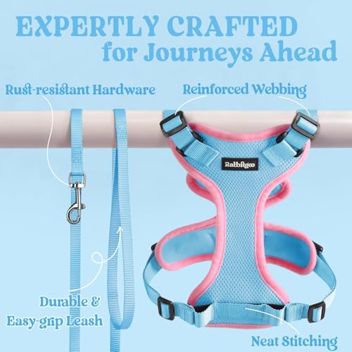 Image of rabbitgoo Cat Harness and Leash Set, Escape Proof Vest, Light Blue & Pink | Soft Breathable Mesh, Easy Adjustable Fit, Snap Buckles, Sturdy Clip, Reflective Strips, for Average Cats Walks, S