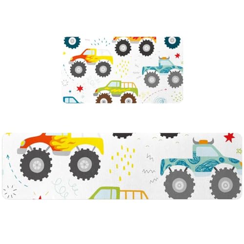 Tapete de cocina de 2 piezas absorbentes, alfombras de pasillo lavables de camión monstruo 2