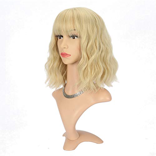 VCKOVCKO Blonde Natural Wavy Bob Wig With Air Bangs Short Bob Wigs Women's Shoulder Length Wigs Curly Wavy Synthetic Cosplay for Girl Colorful Wigs(12",Blonde)