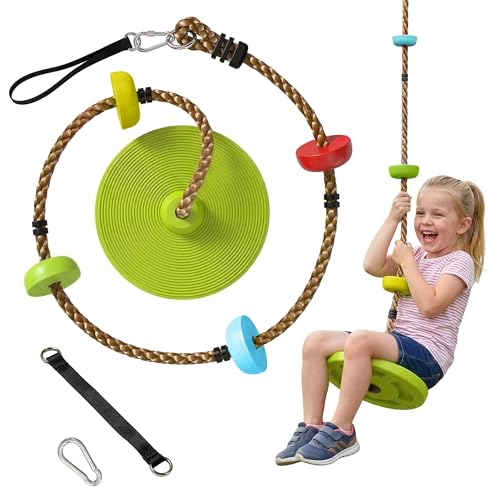 AIYAPLAY Corde d'escalade Balancoire 1,9 m, Balançoire Disque pour Enfants avec Plateforme, Sangle et Mousqueton, Parcours d'obstacles pour Enfants 3-8 Ans,...