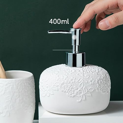 Elegante juego de dispensador de jabón de cerámica blanca, accesorios de baño con soporte para cepillo de dientes, jabonera y taza, perfecto para apartamentos y hoteles, decoración elegante del hogar