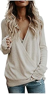 Clothing for Women, Fall Tops Llbean.Com Women's Long Cardigan Sweaters Women, Women's Knitted Deep V-Neck Sleeve Wrap Front Loose Sweater Pullover Jumper Ladies Big V Neck Top Tank (S, Beige)