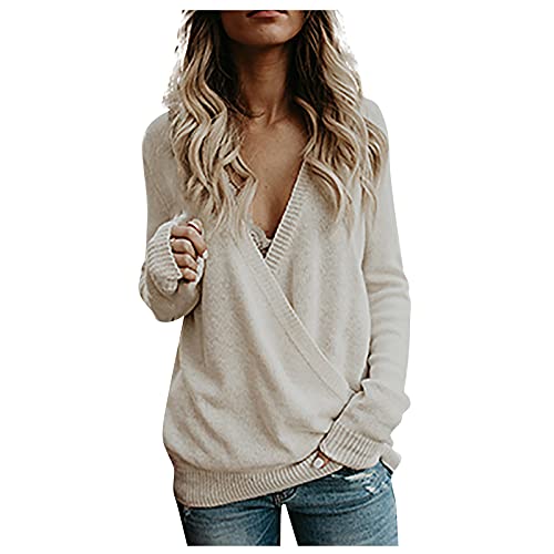 Clothing for Women, Fall Tops Llbean.Com Women's Long Cardigan Sweaters Women, Women's Knitted Deep V-Neck Sleeve Wrap Front Loose Sweater Pullover Jumper Ladies Big V Neck Top Tank (S, Beige) 