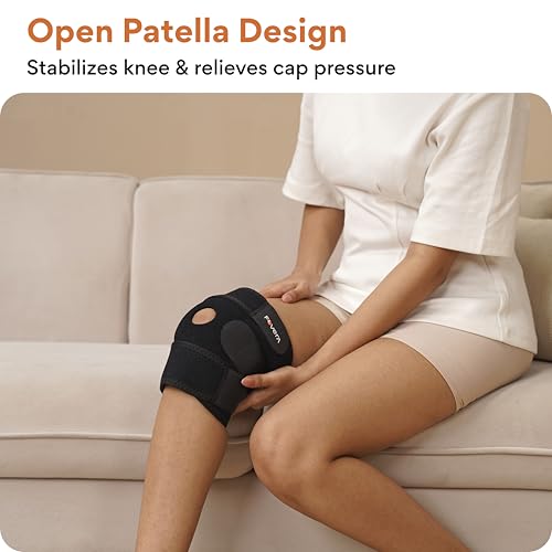 Image of FOVERA Open Patella Knee Support Brace - Breathable Neoprene Compression Cap for Arthritis Pain Relief, Running & Gym - Adjustable Knee Wrap for Men & Women (Black, Single Piece, Free Size)