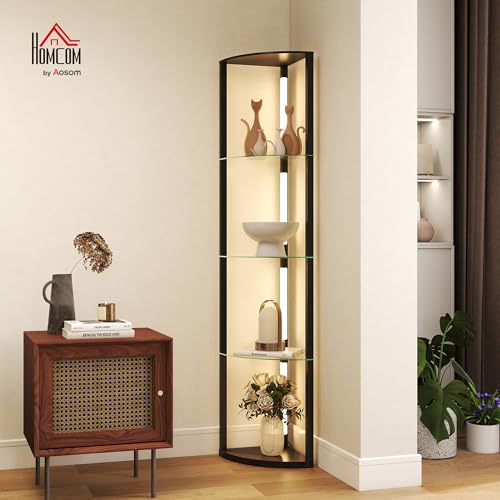 Lampada da Terra con Ripiani in Vetro e Luce LED, Lampada da Pavimento con 3 Livelli di Luminosità e Interruttore a Pedale, per Salotto e Soggiorno, Nero - Illuminazione - Immagine 1