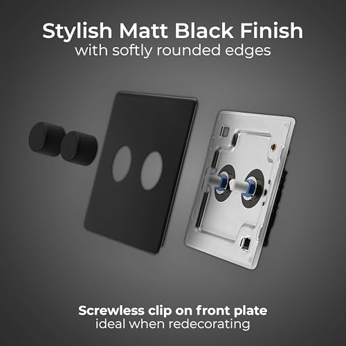 BG Electrical Intelligent Double Wall Dimmer Switch, 2 Way, Screwless Front Plate, Premium Flatplate, Matt Black, 200W, FFB82