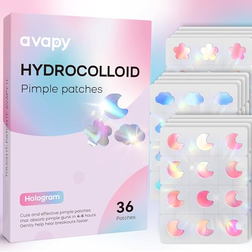 AVAPY Pimple Patches for Face, Cute Hydrocolloid Acne Patches, Colorful Hologram Flower Sport Stickers, Zits & Blemish, Pimple Patch with Salicylic Acid, Blue Pink Moon Cloud Flower (36 Count)