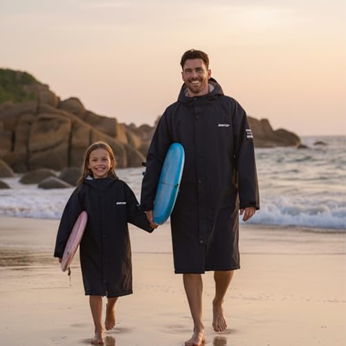 Owntop Waterproof Swim Parka for Kids Youths and Adults - Unisex Hooded Surf Poncho, Oversized High-Low Hem Windproof Changing Robe, Sherpa Winter Warm Beach Towel Jacket with Pockets Black XXS - image 3