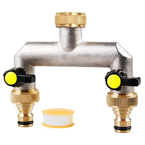 2-Wege Wasserhahn Wasserverteiler aus Messing für 2 Geräte/Gartenschläuche, 2 Wege Verteiler Wasser 3/4 Zoll mit Kugelhahn, Wasseranschluss Verteiler für Haus, Hof, Waschmaschine, Gartenschläuche