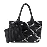 LIKEBAG Bolsa tejida para mujer, bolsa grande de neopreno, bolsa de mano de verano, playa, bolso de mano retro hecho a mano para viaje, Negro-S