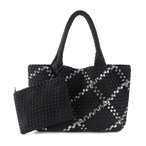 Image of Woven Bag for Women, Large Neoprene Tote Bag Summer Beach Handbag Purse Retro Handmade Travel Shoulder Bag Set