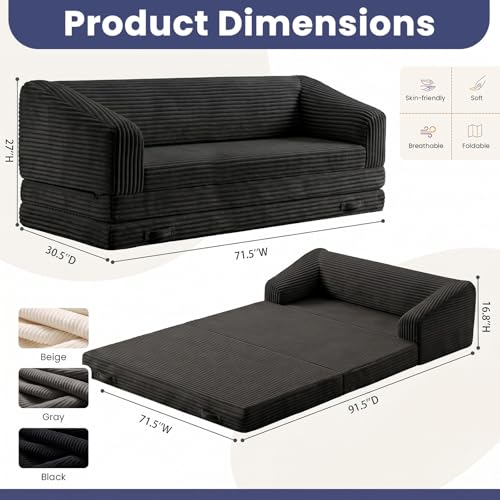 Image of JUIKURY Convertible Sofa Bed, 3-in-1 Foldable Loveseat Couch with Armrest, Corduroy Floor Sofa & Sleeper Bed, No Assembly High-Density Foam Futon Mattress for Living Room, Small Apartment, Dorm