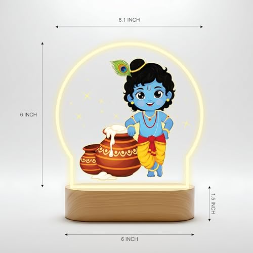 Image of Giftplease Divine Bal Krishna LED Lamp - Warm Glow Decorative Night Light for Home Mandir, Kids Room & Gifting - Vibrant Makhan Chor & Murali Manohar Printed Designs GL 09