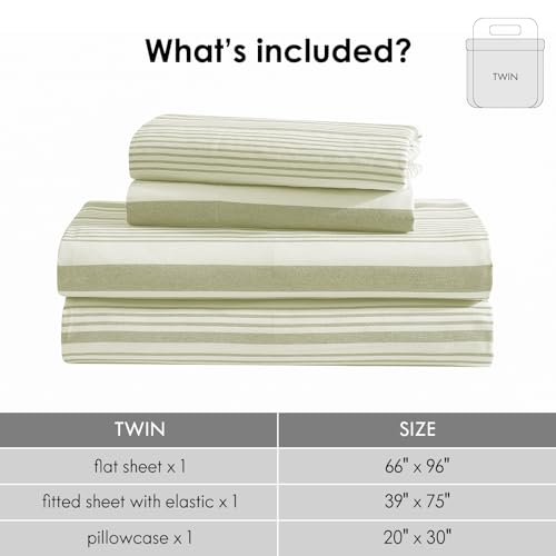 Image of ClevaHome Twin Sheets Set - 3 Pieces Fitted Bed Sheet Set, Sage Stripe | 16 inch Deep Pocket, Super Soft & Breathable, Enhanced Comfort & Easy Care, Classic Stripe Sheet Set