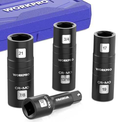 WORKPRO 4PCS Impact Socket Set 1/2" Drive, Lug Nut Socket Set, Wheel Socket Set Cr-Mo Steel, Includes 1PC 3" Extension Bar & 3PSC Flip Sockets of 6 Metric and SAE Sizes 4pcs Flip Socket Set